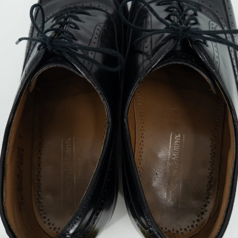 Johnston & Murphy Black Leather‎ Wingtip Oxford Dress Shoes Mens 9.5 USA Made